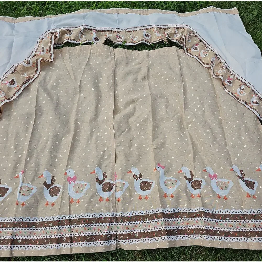 Geese 3 Pc Kitchen Curtain Set Valance Panels Cottagecore Country Bow Vintage